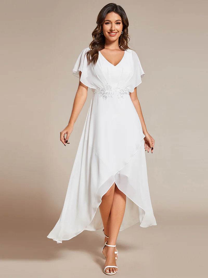 Elegant High-Low Chiffon Evening Dress with Appliqué Details & Short Sleeves - Biamonde